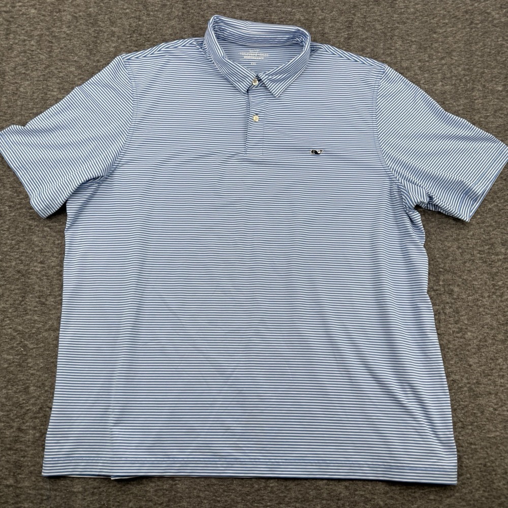 Vineyard Vines Performance Polo Mens XXL Blue White Stripe Whale Excellent Golf